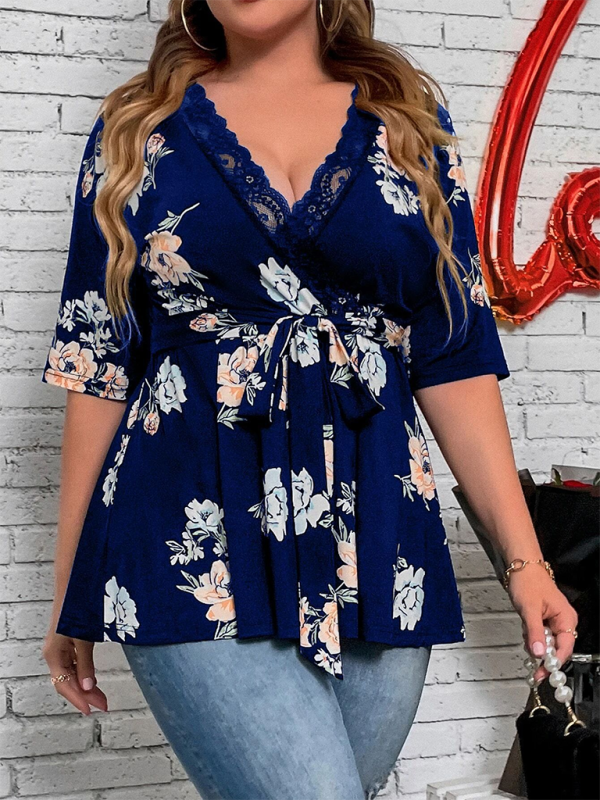 Plus size women’s new printed V-neck lace shirt