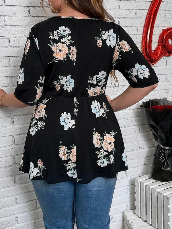 Plus size women’s new printed V-neck lace shirt