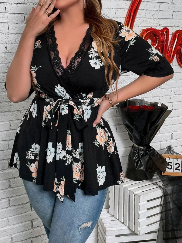 Plus size women’s new printed V-neck lace shirt - Black / XL