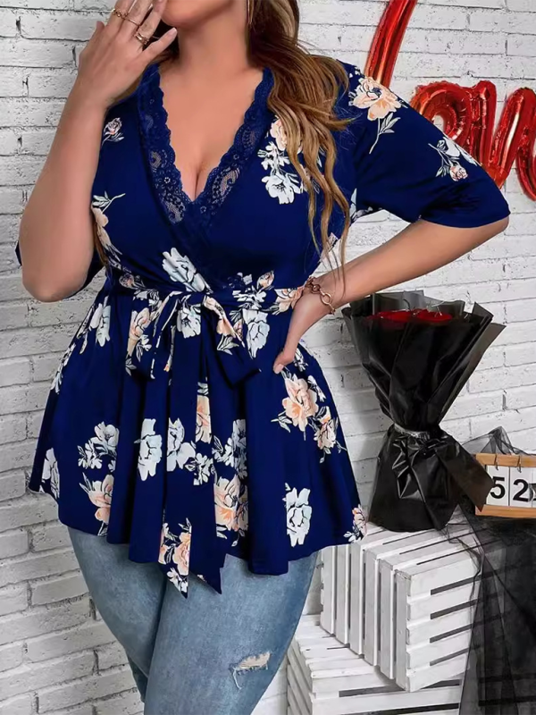 Plus size women’s new printed V-neck lace shirt - Blue / XL
