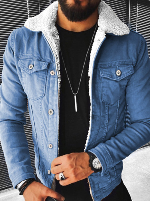 Plush Style Thickened Denim Men’s Outer Jacket