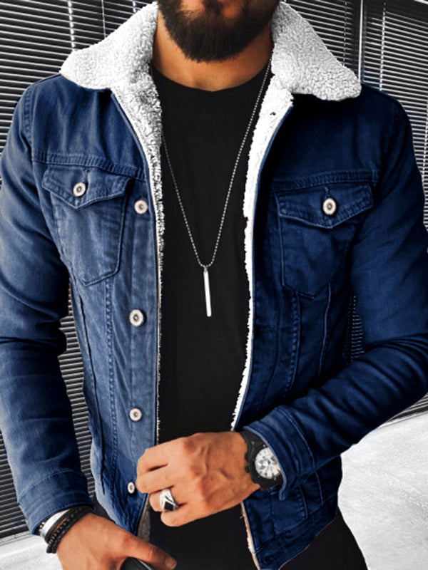 Plush Style Thickened Denim Men’s Outer Jacket