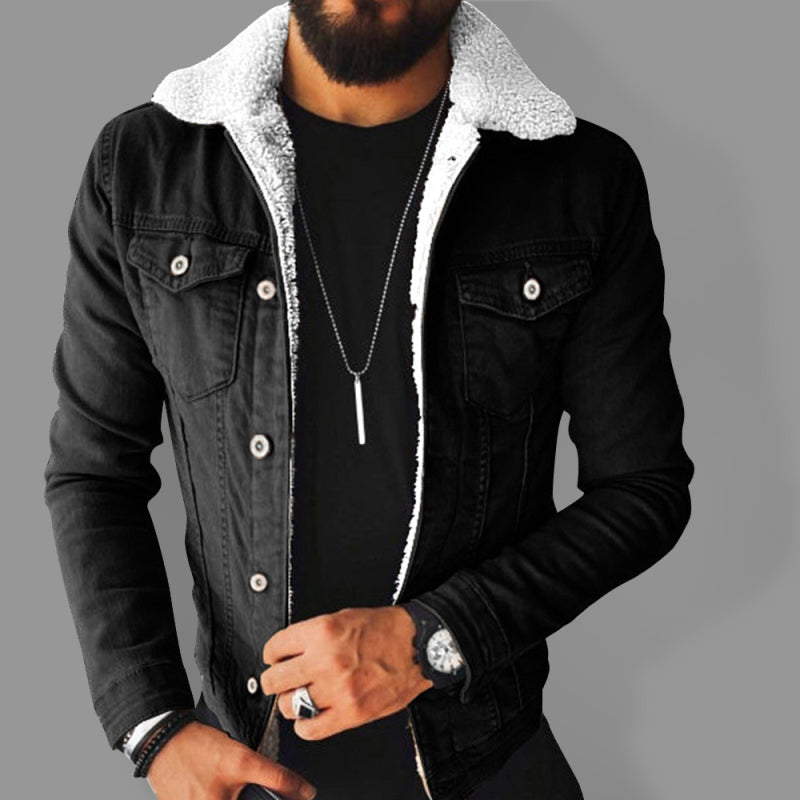 Plush Style Thickened Denim Men’s Outer Jacket - Black / S