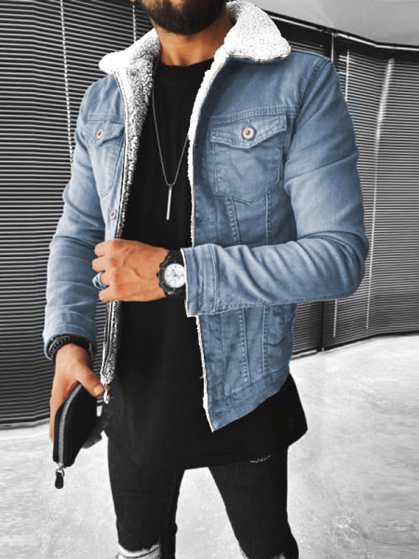 Plush Style Thickened Denim Men’s Outer Jacket - Clear blue / S