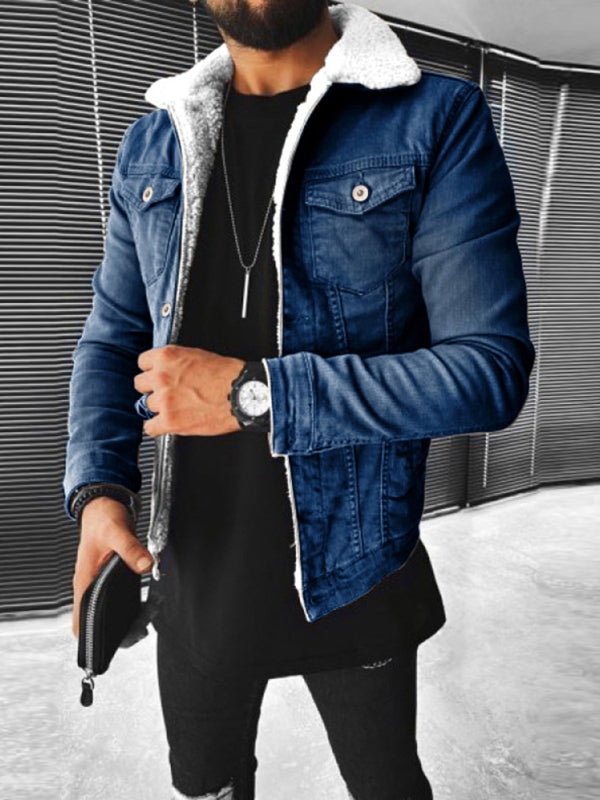 Plush Style Thickened Denim Men’s Outer Jacket - Purplish blue navy / S