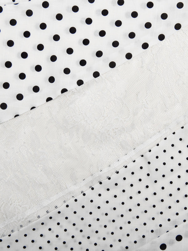 White fabric with black polka dots and lace featuring elastane spandex in Polka Dot Sexy Lace Irregular Skirt
