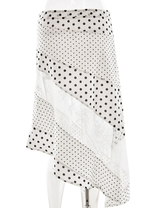 White polka dot skirt with lace panel and elastane spandex for a stylish look