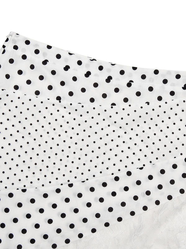 White fabric with black polka dots made of elastane spandex for Polka Dot Sexy Lace Irregular Skirt