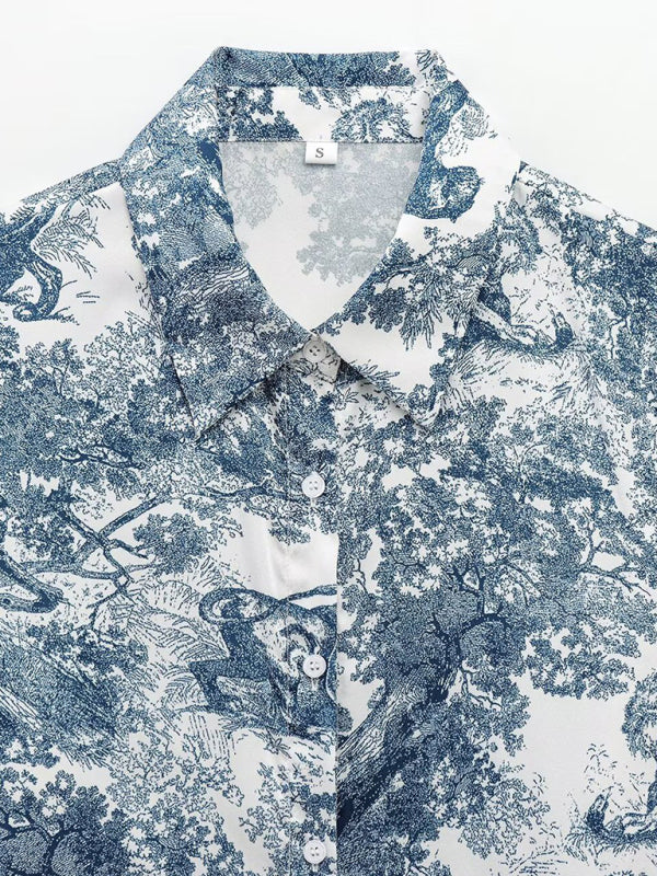 Blue and white patterned button-down shirt from Printed Animal Shirt and Casual Pants Set