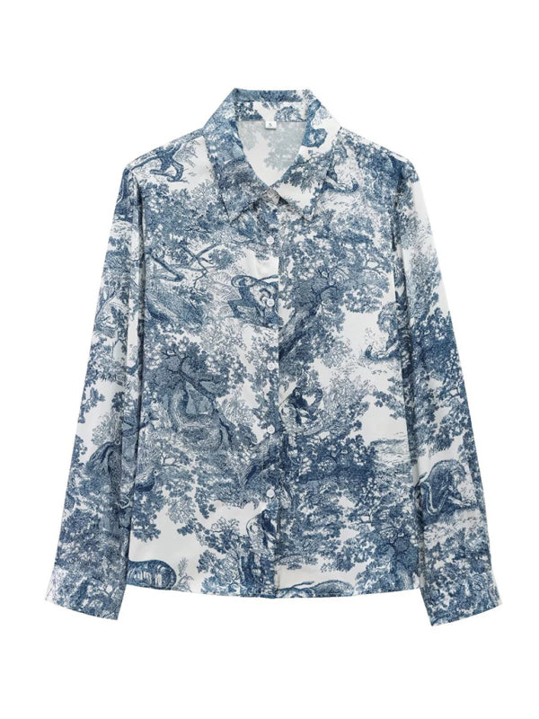 Blue and white patterned button-down shirt from Printed Animal Shirt and Casual Pants Set