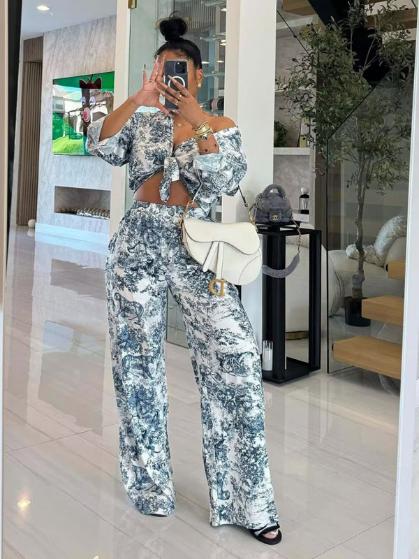 Matching printed animal crop top and wide-leg casual pants set for stylish wear