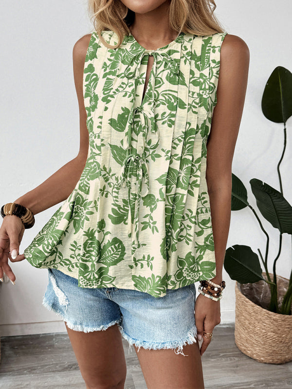 Floral print sleeveless top from Printed Pleated Lace-Up Sleeveless Shirt collection