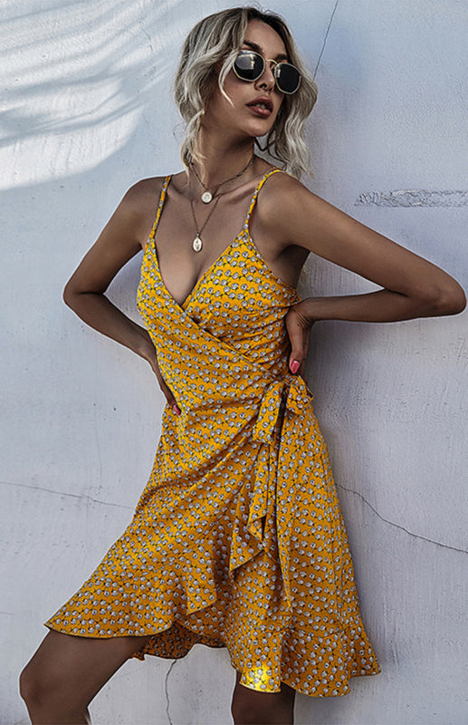 Printed Ruffled Lace-up Beach Slip Dress - Yellow / S