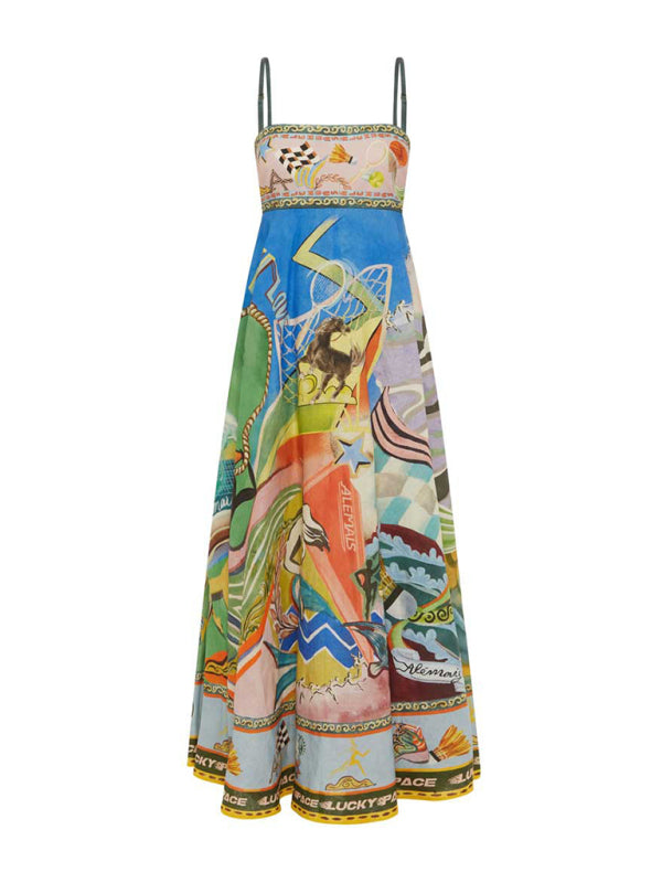 Colorful patterned sundress with body print, perfect for holiday style and summer wear
