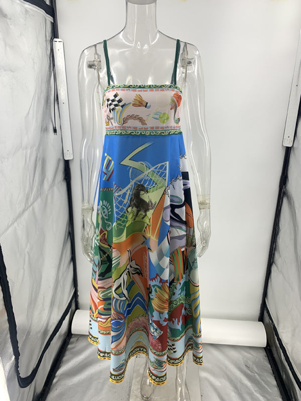 Colorful patterned sundress with body print, perfect for holiday style occasions