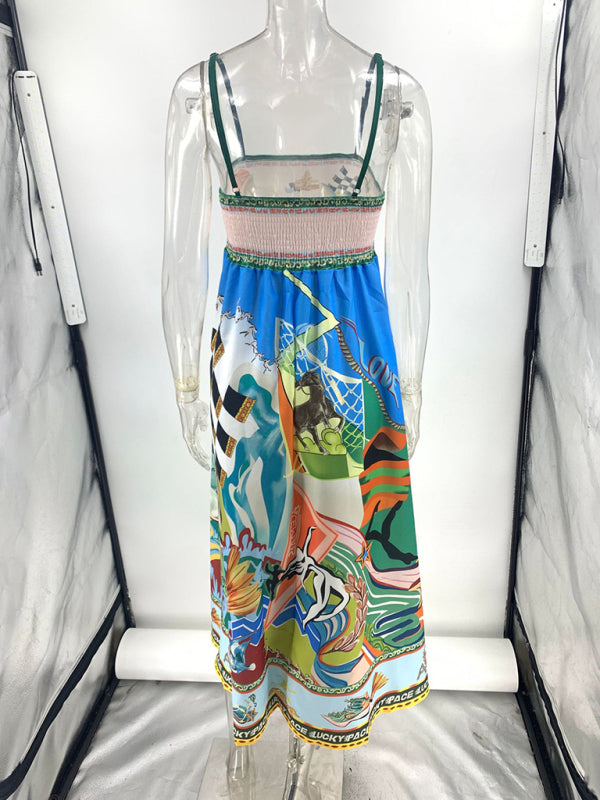 Colorful printed sundress with body print and suspender sunflower design for holiday style