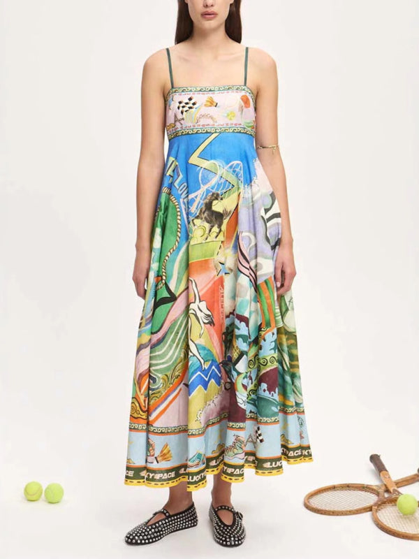 Colorful printed sundress with body print, perfect for holidays and summer styles