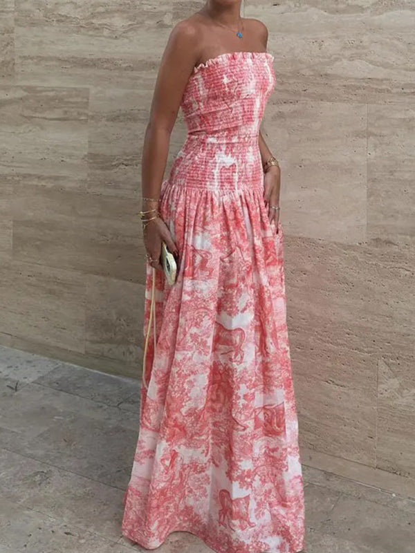 Printed tube top high waist zip-up dress - Red / S