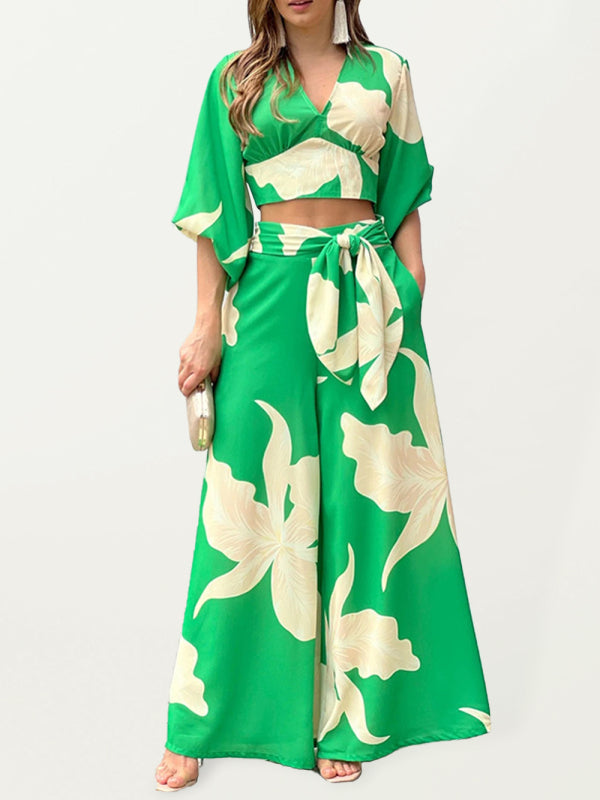 Printed V-neck lantern sleeve short shirt high waist wide-leg pants two-piece set - Green / S