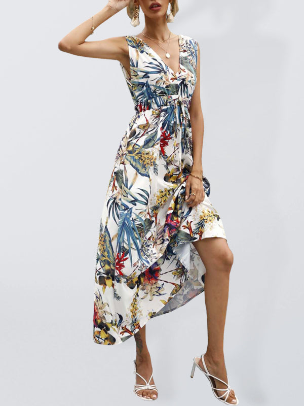 Printed waist single-breasted printed short-sleeved casual resort dress - White / S