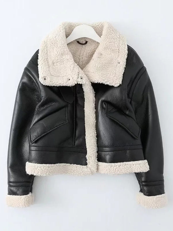 PU fur all-in-one motorcycle suit short temperament high-necked fur coat - Black / XS