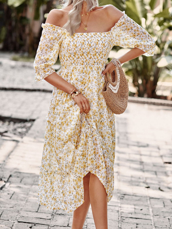 Puff Sleeve Narrow Waist Large Skirt Floral Print Dress - Closther