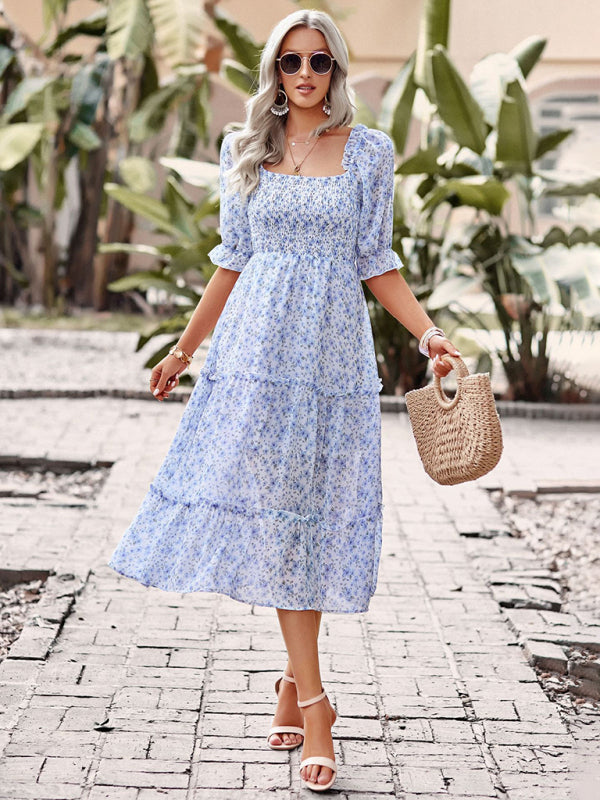 Puff Sleeve Narrow Waist Large Skirt Floral Print Dress - Closther