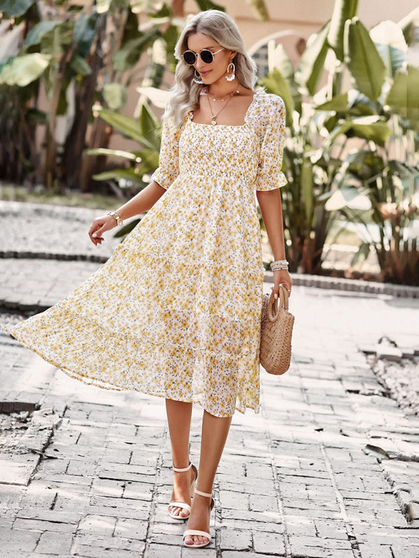 Puff Sleeve Narrow Waist Large Skirt Floral Print Dress - Closther