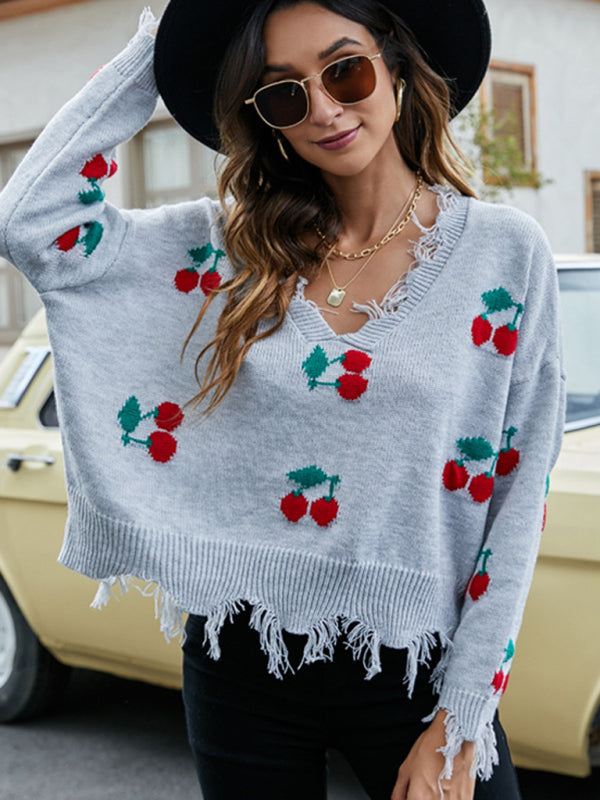 Pullover women’s loose short V-neck new fringed sweater - Pattern1 / S