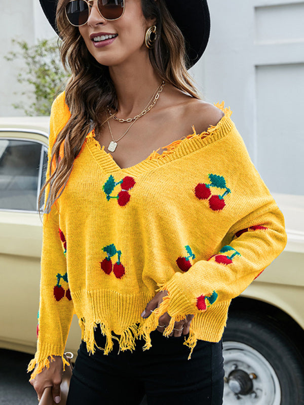 Pullover women’s loose short V-neck new fringed sweater - Pattern3 / S