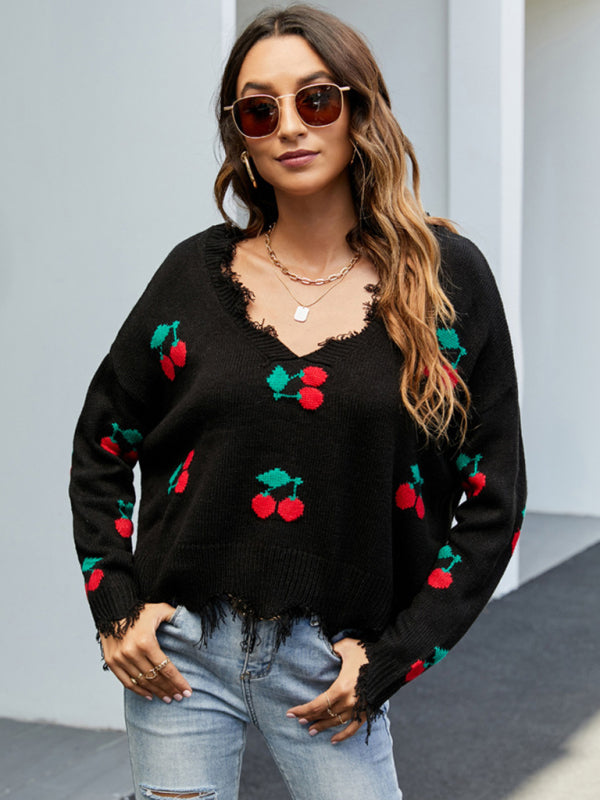Pullover women’s loose short V-neck new fringed sweater - Pattern4 / S