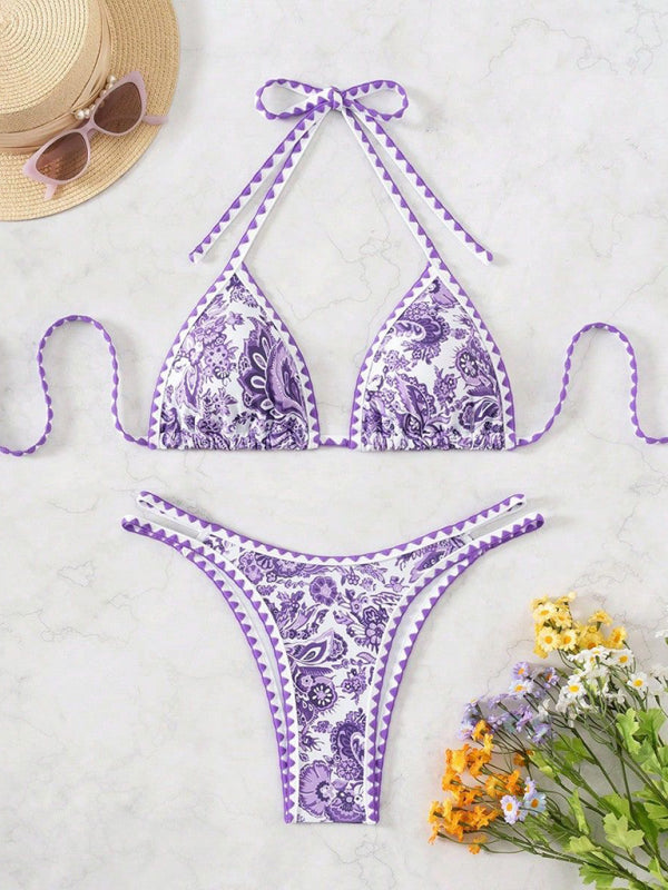 Purple and white paisley bikini with high elasticity for a stylish summer look