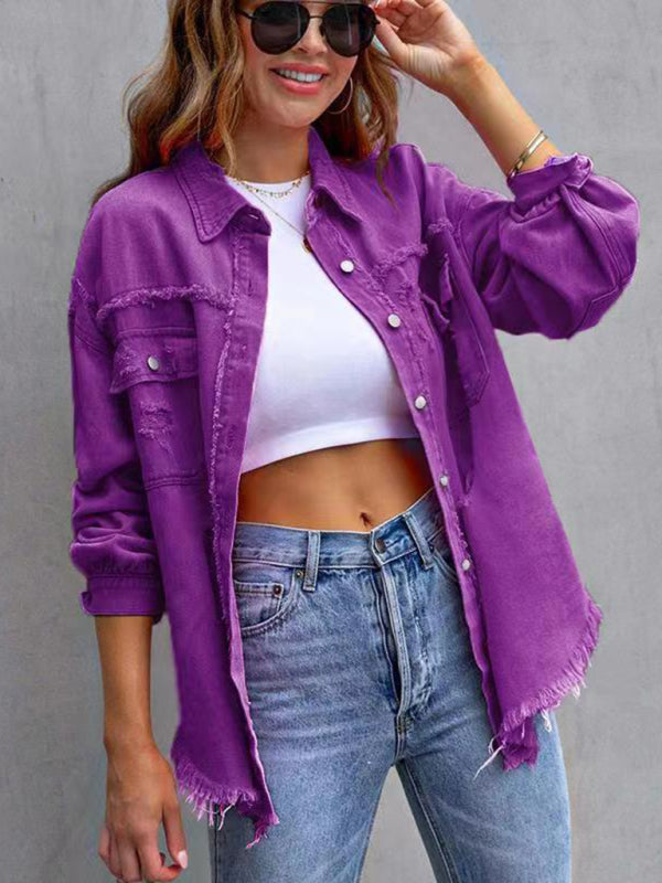 Raw edge ripped denim jacket Temperament casual trendy jacket - Dark purple / S