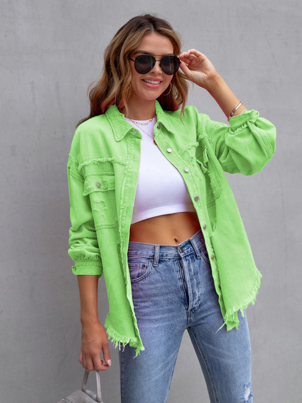 Raw edge ripped denim jacket Temperament casual trendy jacket - Fruit green / S