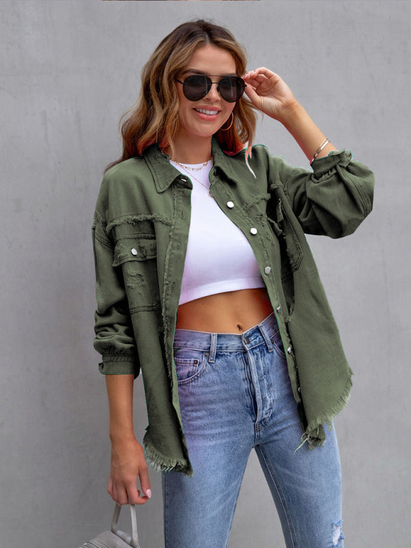 Raw edge ripped denim jacket Temperament casual trendy jacket - Olive green / S