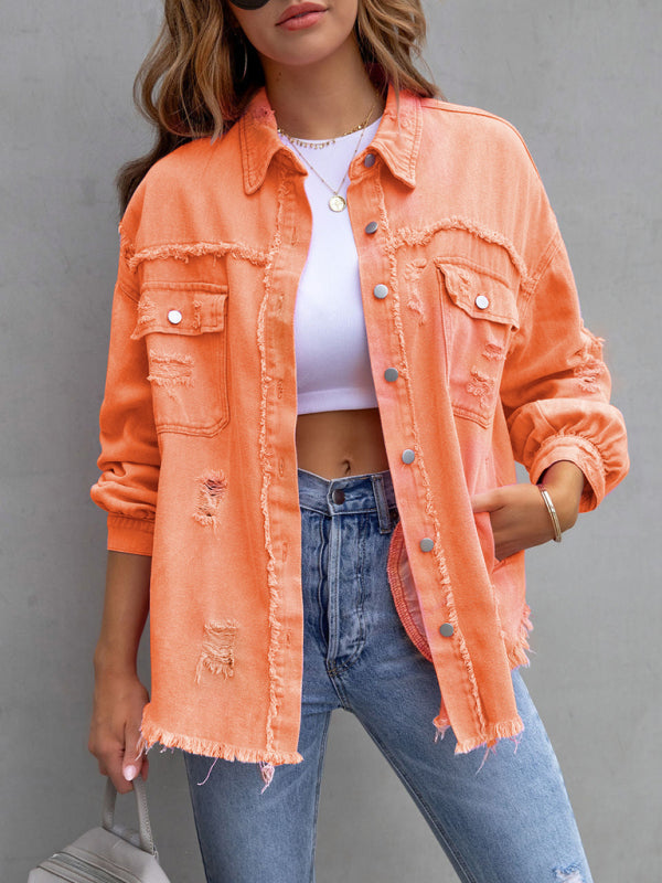 Raw edge ripped denim jacket Temperament casual trendy jacket - Orange / S