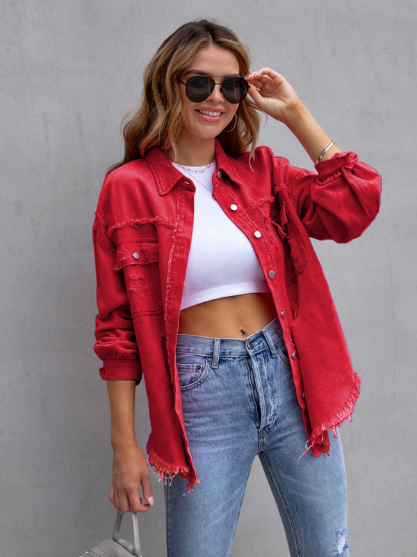 Raw edge ripped denim jacket Temperament casual trendy jacket - Red / S