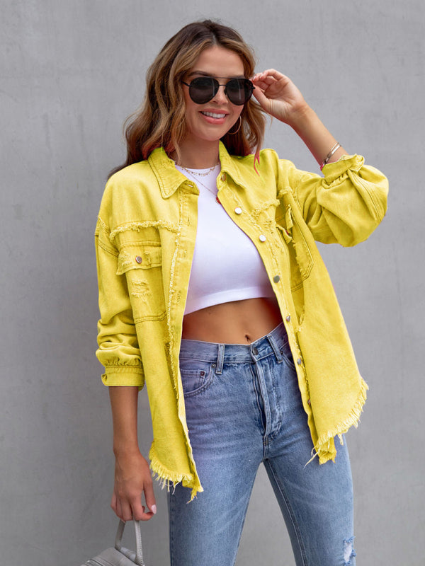 Raw edge ripped denim jacket Temperament casual trendy jacket - Yellow / S