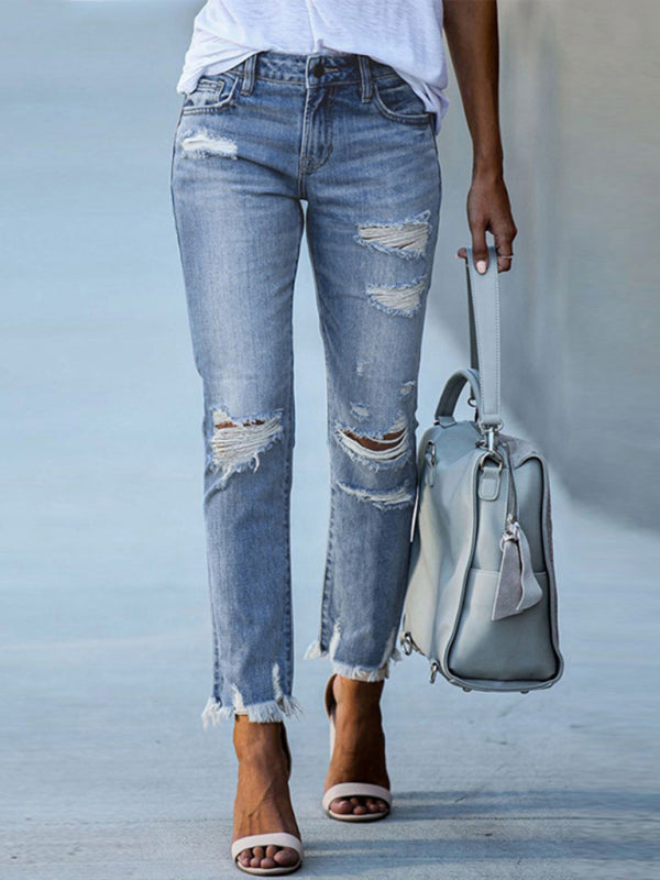 Raw edge ripped slim fit slim jeans women’s straight leg cropped pants
