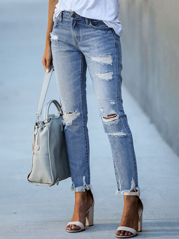 Raw edge ripped slim fit slim jeans women’s straight leg cropped pants