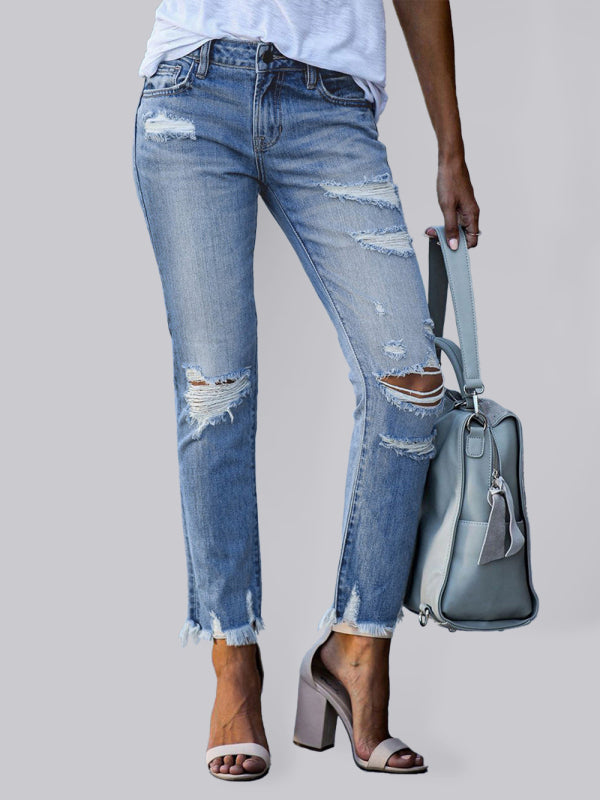 Raw edge ripped slim fit slim jeans women’s straight leg cropped pants - Blue / S