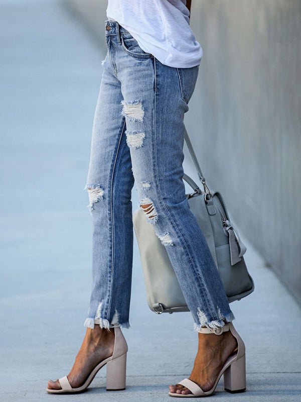 Raw edge ripped slim fit slim jeans women’s straight leg cropped pants