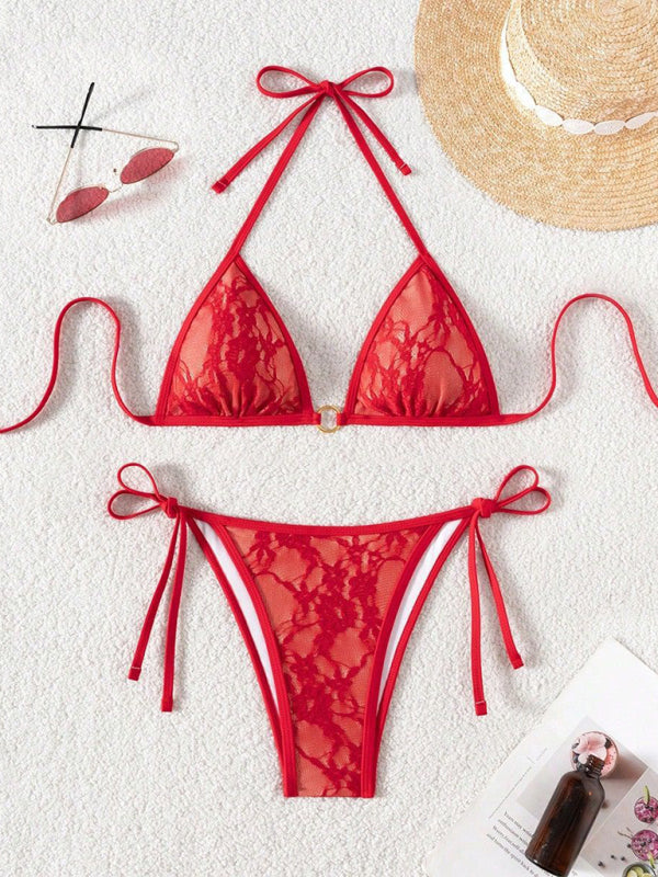 Red lace halter bikini - Red / S