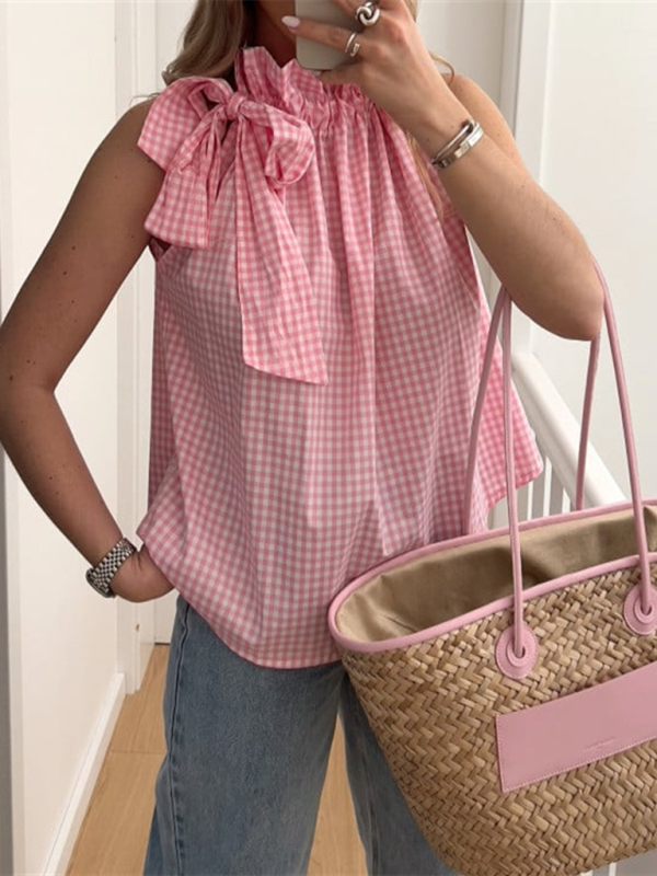 Resort Style Hot Girl Halter Sleeveless Vest Shirt - Pink / S