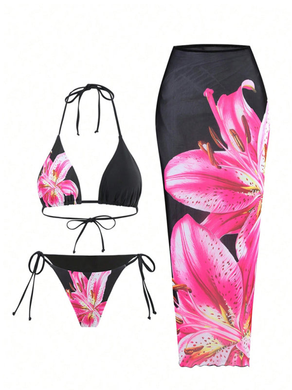 Black bikini and skirt set with pink floral print, high elasticity elastane spandex fabric