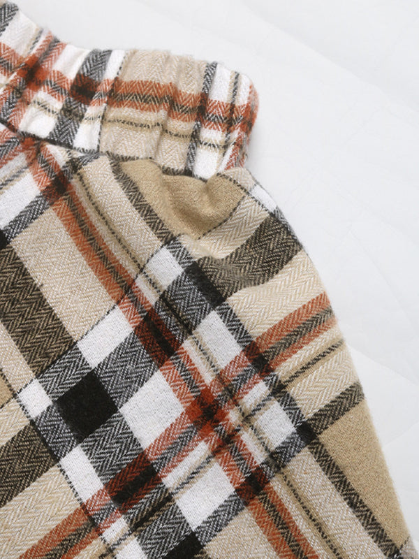 Plaid elastic waist pants from Retro Plaid Shorts Skirt Suit Casual Lapel Shirt Cardigan Two-piece Set