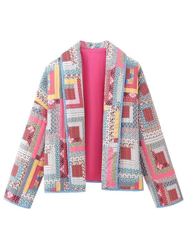 Retro Printed Cotton Cardigan Long Sleeve Jacket - Pink / S