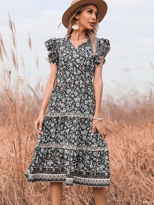 Retro women's v-neck fungus fringed floral dress - Closther
