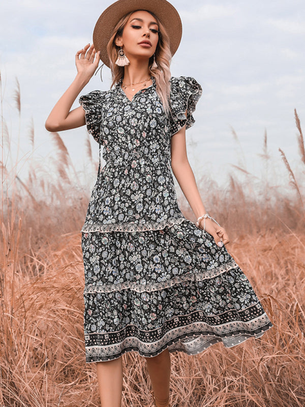 Retro women's v-neck fungus fringed floral dress - Closther