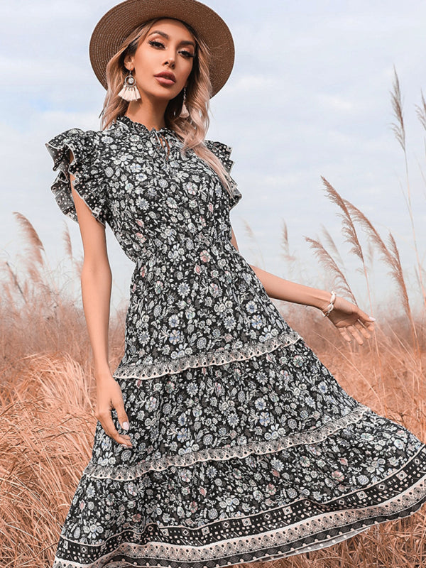 Retro women's v-neck fungus fringed floral dress - Closther
